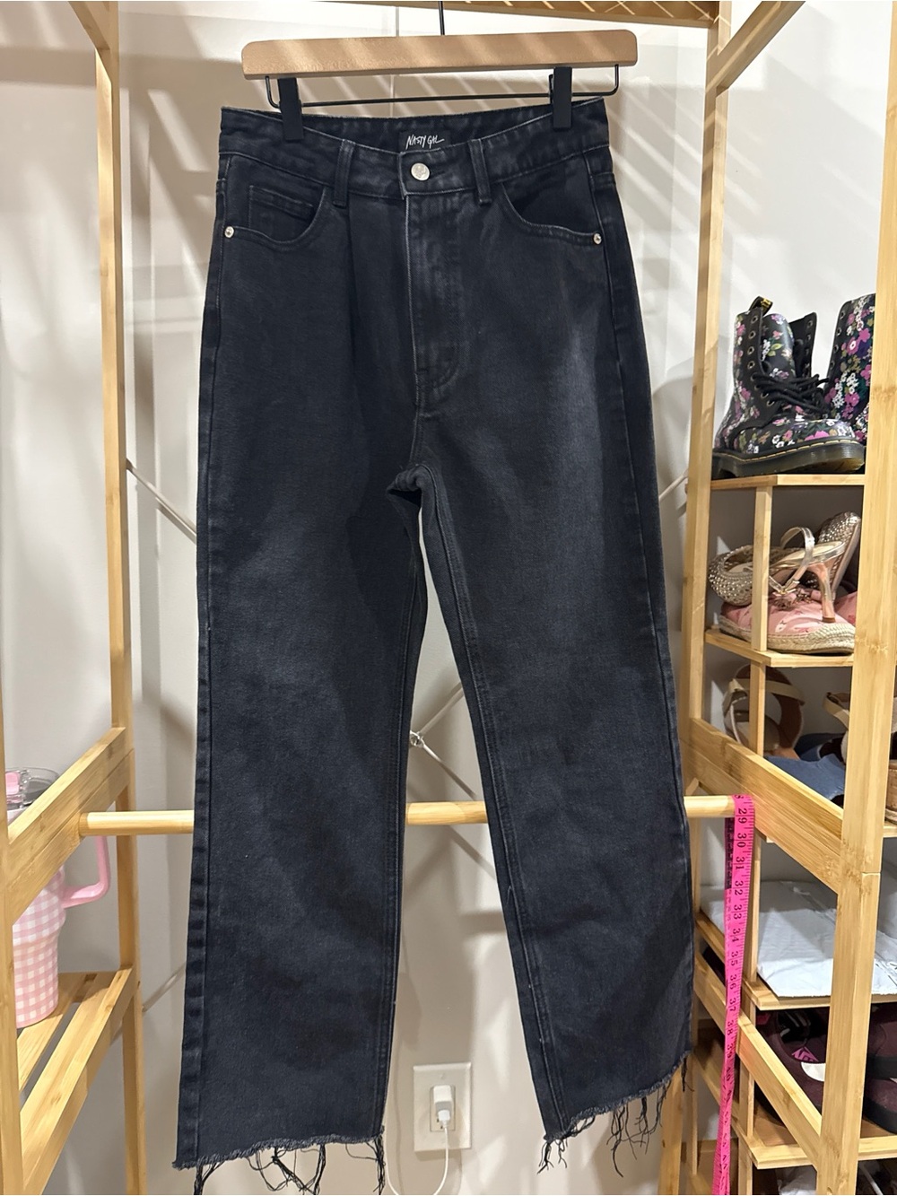 Nasty Gal Black Straight-Leg Jeans 4 raw hem